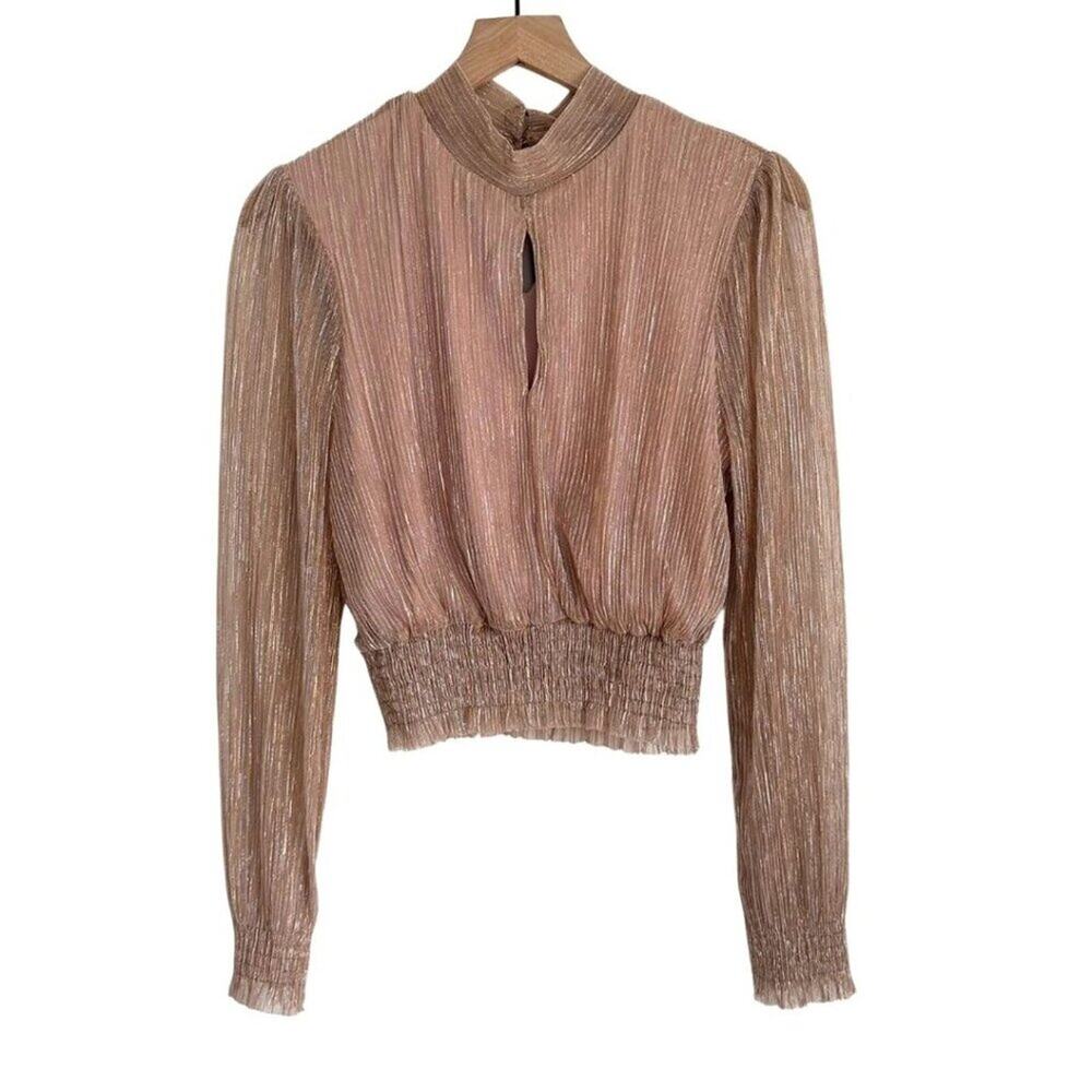 Shinestar Long Sleeve Shimmery Crop Blouse Copper, Gold, Silver M